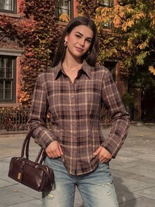 Comfortcana 女款秋季新款棕色格紋條紋收腰修身長袖襯衫，適合上班、日常、校園，Y2K復古復古風襯衫 - 棕色 - 查看 5