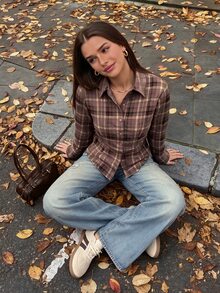 Comfortcana 女款秋季新款棕色格紋條紋收腰修身長袖襯衫，適合上班、日常、校園，Y2K復古復古風襯衫 - 棕色 - 查看 3