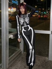 Bitrose Bộ áo liền quần dài tay cổ dài có khóa kéo phía trước có họa tiết Skeleton, Halloween - màu đen - Xem 1