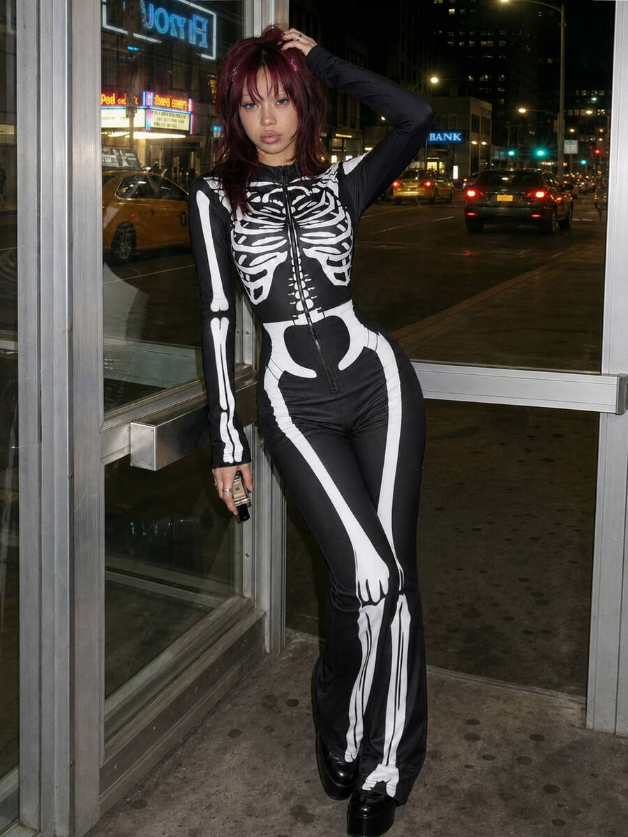 Bitrose Bộ áo liền quần dài tay cổ dài có khóa kéo phía trước có họa tiết Skeleton, Halloween - màu đen - Xem 1