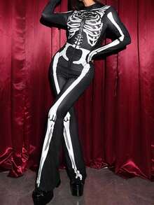 Bitrose Bộ áo liền quần dài tay cổ dài có khóa kéo phía trước có họa tiết Skeleton, Halloween - màu đen - Xem 3