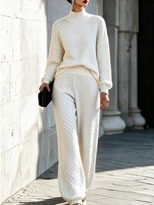 Breezaya Elegant High Neck Long Sleeve Design Women's Sweater 2 Pieces Set - White - View 3