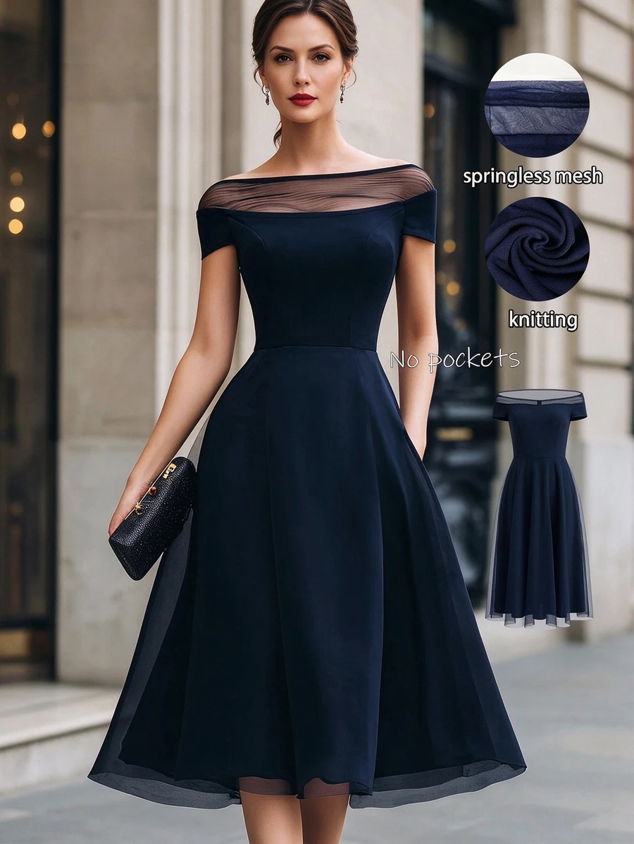 RosyDaze New Elegant Solid Color Mesh Patchwork Dress, Suitable For Spring, Summer, Autumn, Winter, Outings, Dates, Festivals, Formal Occasions, Parties, Navy Blue Off-The-Shoulder Dress