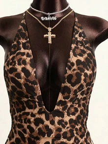Swim Vcay Leopard Print One Piece Swimsuit Women,Brown,Summer,Boho,Holiday,Vacation,Holiday,Deep V-Neck Spaghetti Strap Backless Tummy Control Monokini - Multicolor - View 7