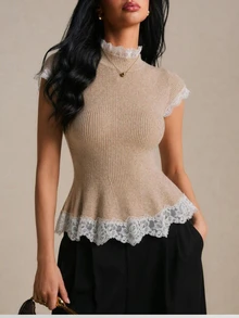 Poéselle Women's Contrast Lace Stand Collar Cap Sleeve Elegant Romantic Knit Top Brunch Beige Fall - Apricot - View 2