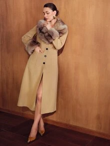 MOTF WOMEN'S AUTUMN/WINTER FUR COLLAR LONG SLEEVE LONG ELEGANT OVERCOAT - Camel - View 7