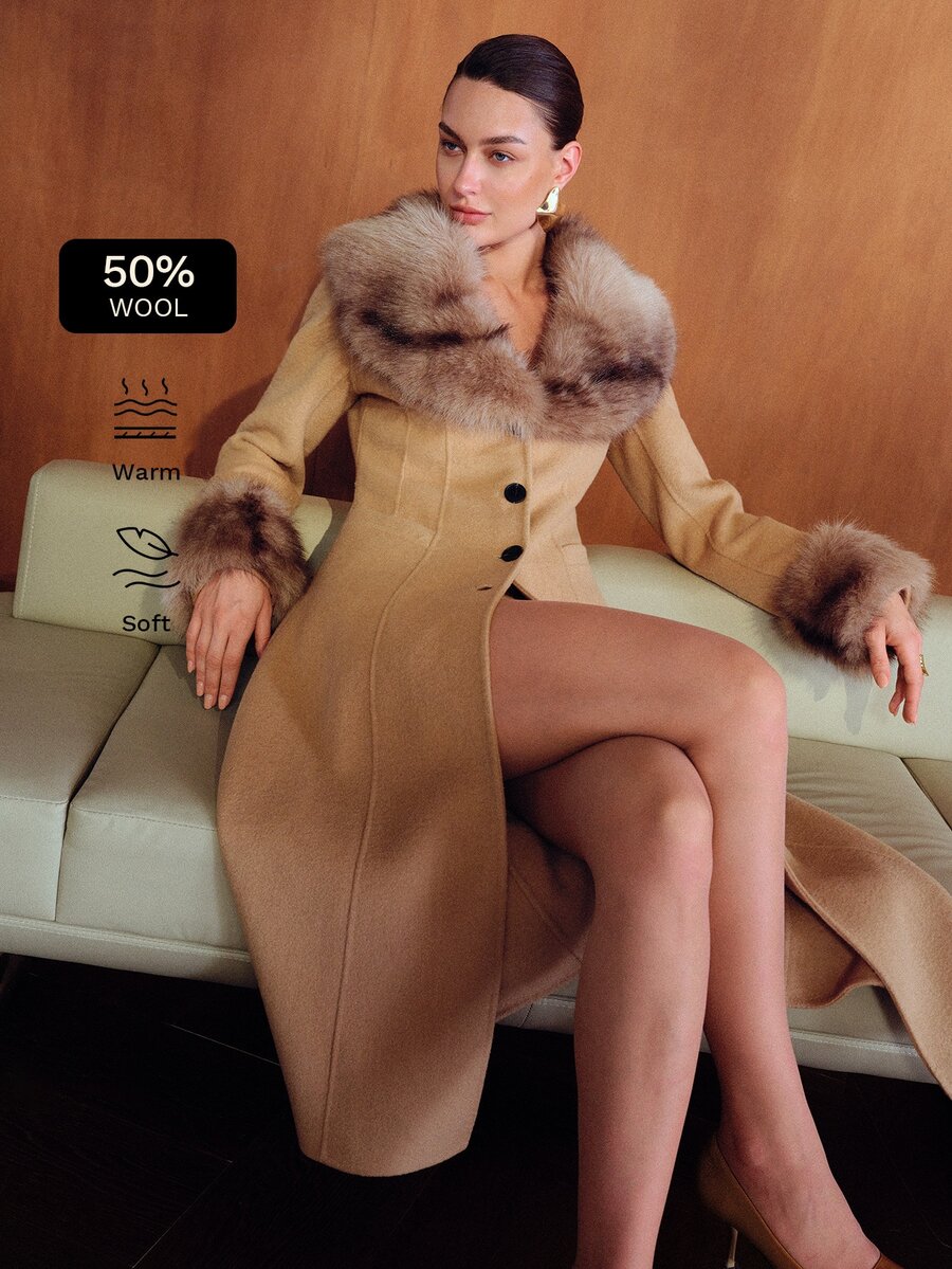 MOTF WOMEN'S AUTUMN/WINTER FUR COLLAR LONG SLEEVE LONG ELEGANT OVERCOAT - Camel - View 1