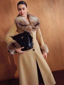 MOTF WOMEN'S AUTUMN/WINTER FUR COLLAR LONG SLEEVE LONG ELEGANT OVERCOAT - Camel - View 6