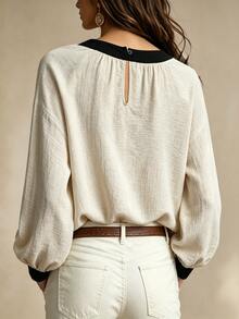 Franclia Women's Round Neck Colorblock Patchwork Bowknot Casual Daily Long Sleeve Top - Beige - View 2