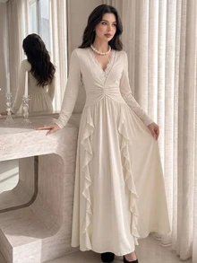 Firerie Đầm tiệc nữ dáng siêu dài màu mơ, thanh lịch lãng mạn, cổ chữ V, phối ren, bèo nhún rủ, tay dài, eo chiết, phù hợp đi tiệc, mặc hàng ngày và dạo phố - Màu be - Xem 8