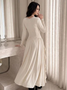 Firerie Đầm tiệc nữ dáng siêu dài màu mơ, thanh lịch lãng mạn, cổ chữ V, phối ren, bèo nhún rủ, tay dài, eo chiết, phù hợp đi tiệc, mặc hàng ngày và dạo phố - Màu be - Xem 9