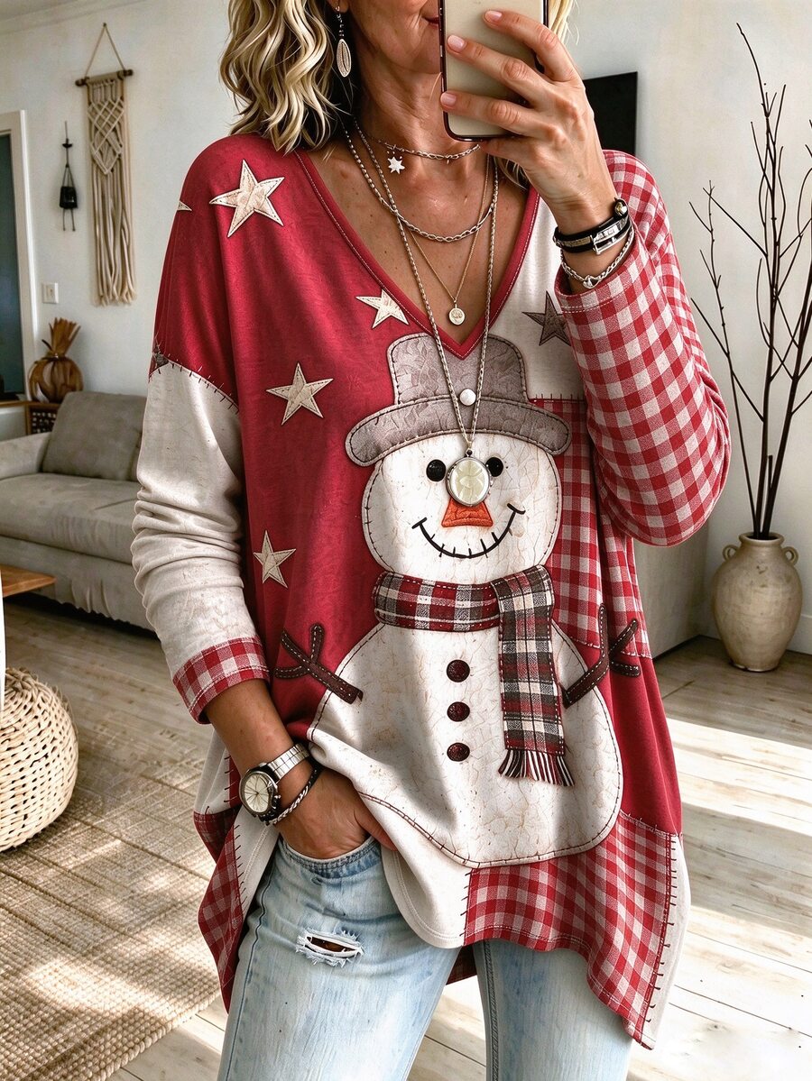 SHEIN LUNE 聖誕大尺碼女款雪人圖案印花V領上衣,長袖寬鬆版型,秋季穿搭 - 彩色 - 查看 1