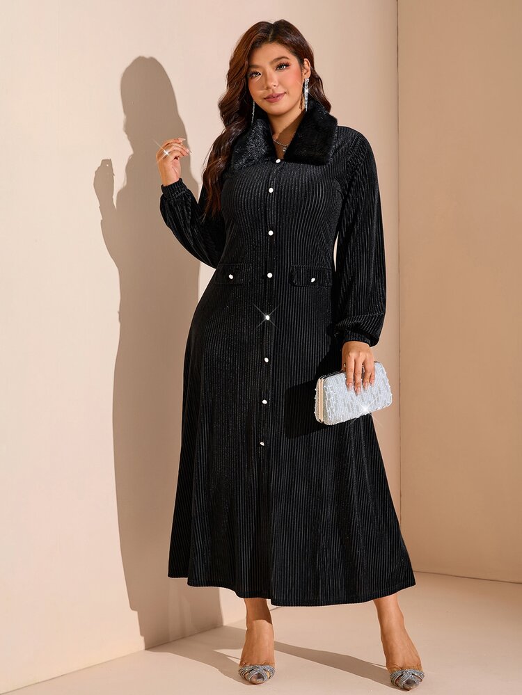 Comfylo Plus Size Women's Plush Patchwork Casual Party & Travel Dress Fall - Black - View 6