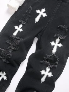 Young Boys Fall/Winter Halloween Distressed Cool Graffiti Cross Print Denim Ripped Overalls,For Kids Boys Streetwear Outfits,Toddler Jumpsuit - Black - View 4