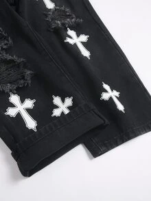 Young Boys Fall/Winter Halloween Distressed Cool Graffiti Cross Print Denim Ripped Overalls,For Kids Boys Streetwear Outfits,Toddler Jumpsuit - Black - View 5