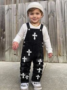 Young Boys Fall/Winter Halloween Distressed Cool Graffiti Cross Print Denim Ripped Overalls,For Kids Boys Streetwear Outfits,Toddler Jumpsuit - Black - View 1