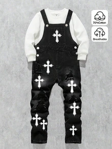 Young Boys Fall/Winter Halloween Distressed Cool Graffiti Cross Print Denim Ripped Overalls,For Kids Boys Streetwear Outfits,Toddler Jumpsuit - Black - View 6