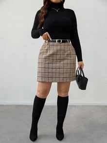 SHEIN CURVE+ Plus Size Women's Plaid Casual Versatile Mini Skirt - Multicolor - View 7