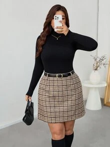 SHEIN CURVE+ Plus Size Women's Plaid Casual Versatile Mini Skirt - Multicolor - View 5
