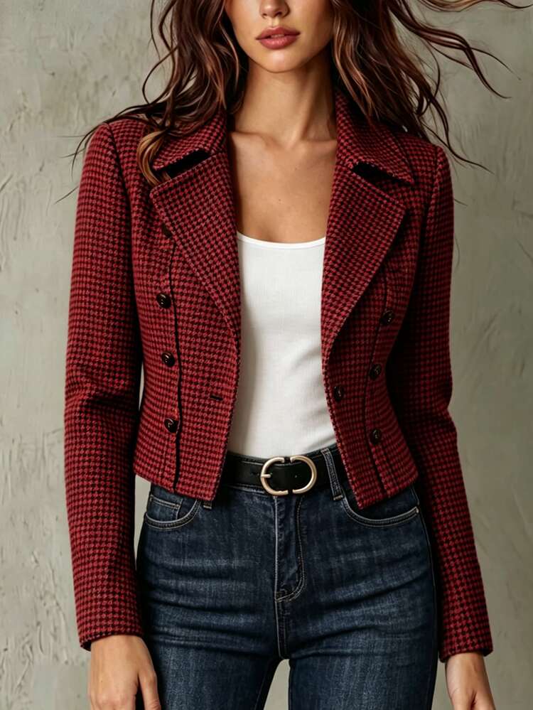 SHEIN Women's Autumn/Winter Cardigan, Dual-Tone Plaid Long Sleeve Front-Opening Short Double-Breasted Jacket - Red - View 3