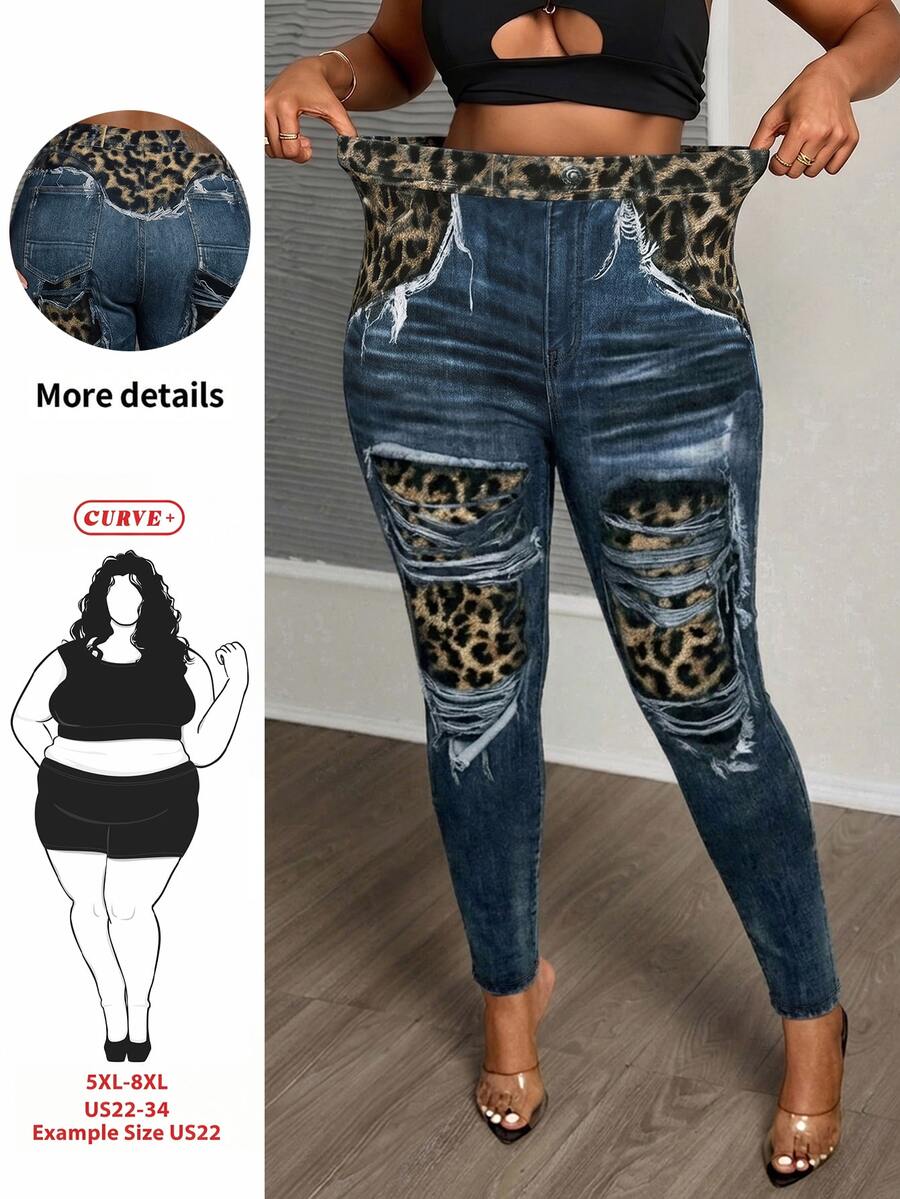 SHEIN CURVE+ Plus Size Women's Leopard Print Colorblock Casual Daily Tight Leggings - Multicolor - View 1