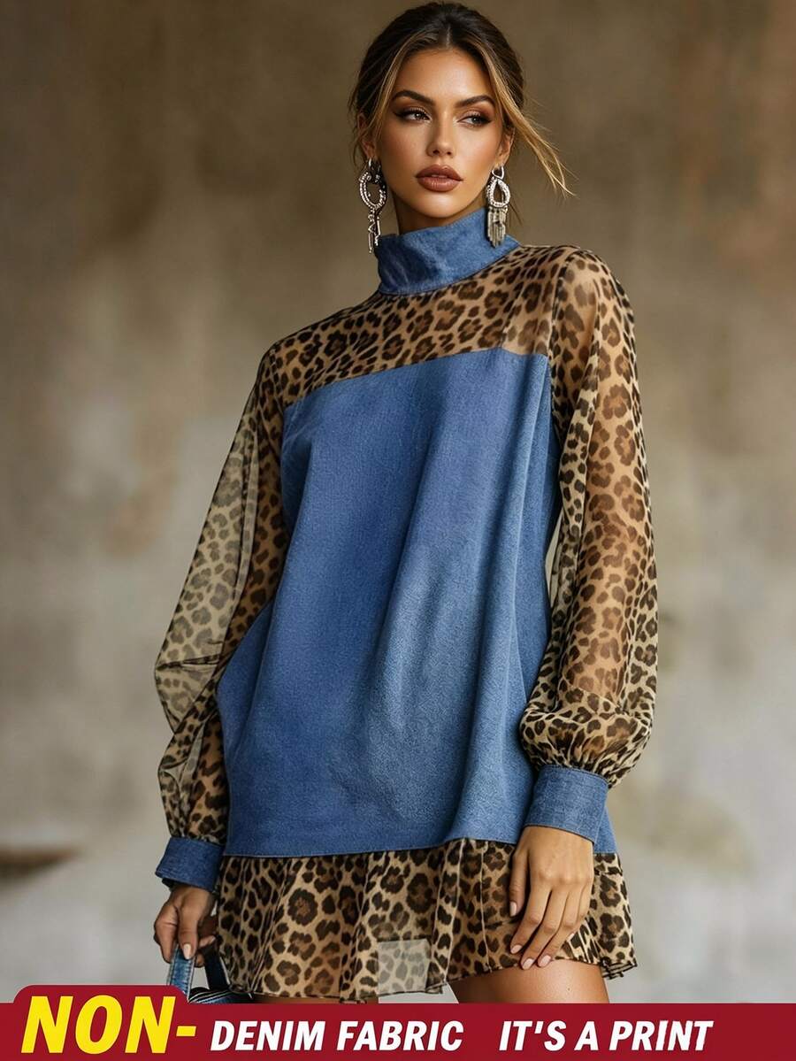 SHEIN 2026 女款美式復古丹寧效果印花與豹紋雪紡燈籠袖寬鬆洋裝，網紗 A 字版型，適合通勤、休閒、日常穿著、街頭出遊、辦公通勤、購物、約會等場合 - 藍色 - 查看 1