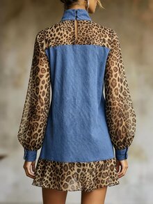 SHEIN 2026 女款美式復古丹寧效果印花與豹紋雪紡燈籠袖寬鬆洋裝，網紗 A 字版型，適合通勤、休閒、日常穿著、街頭出遊、辦公通勤、購物、約會等場合 - 藍色 - 查看 2