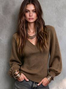 Trelyra Women's Minimalist Simple Casual Lantern Sleeve V-Neck Sweater, Fall/ Thanksgiving Everyday Travel Brown - Coffee Brown - View 1