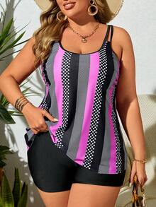 SHEIN Swim Curve Plus Size Color Block Polka Dot Printed Tankini Swimwear With Floral Splice, Vacation Beachwear Summer - Multicolor - View 5