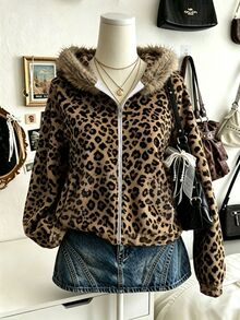 Lalippa Women's Leopard Print Long Sleeve Zip-Up Hooded Sweatshirt - Multicolor - View 4