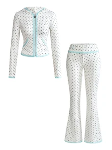 Sweetness Sweet Black & Pink Polka Dot Knit Print Colorblock Lace Trim Women's 2 Pieces Set - Apricot - View 2