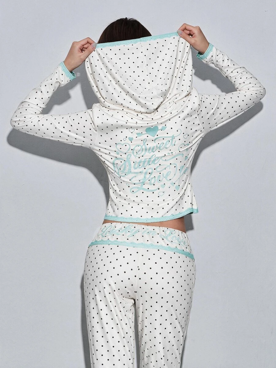 Sweetness Sweet Black & Pink Polka Dot Knit Print Colorblock Lace Trim Women's 2 Pieces Set - Apricot - View 1