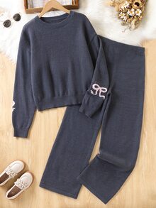 Teenager New Spring/Autumn Daily Wear Bowknot Round Neck Set, Loose Casual Minimalist - Grey - View 3