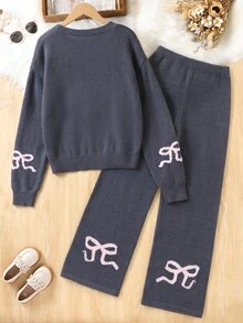 Teenager New Spring/Autumn Daily Wear Bowknot Round Neck Set, Loose Casual Minimalist - Grey - View 2