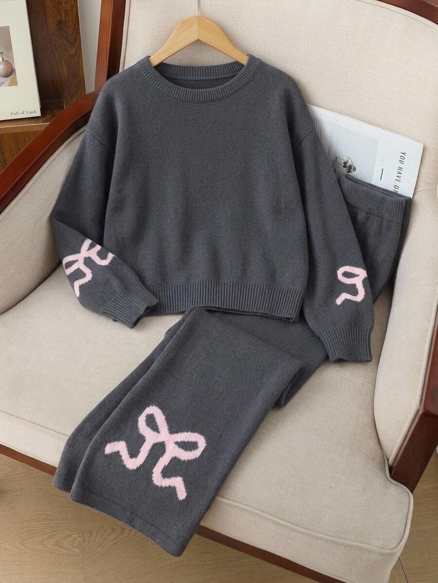 Teenager New Spring/Autumn Daily Wear Bowknot Round Neck Set, Loose Casual Minimalist - Grey - View 1
