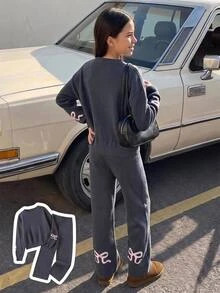 Teenager New Spring/Autumn Daily Wear Bowknot Round Neck Set, Loose Casual Minimalist - Grey - View 8