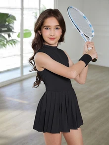 SHEIN Tween 女童户外连体衣，带防闪烁底层，隐形拉链，适合跑步、健身、篮球、足球、网球、羽毛球，时尚 - 黑色 - 查看 4