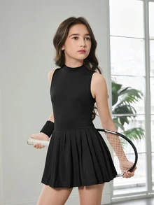 SHEIN Tween 女童户外连体衣，带防闪烁底层，隐形拉链，适合跑步、健身、篮球、足球、网球、羽毛球，时尚 - 黑色 - 查看 6
