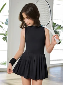 SHEIN Tween 女童户外连体衣，带防闪烁底层，隐形拉链，适合跑步、健身、篮球、足球、网球、羽毛球，时尚 - 黑色 - 查看 7