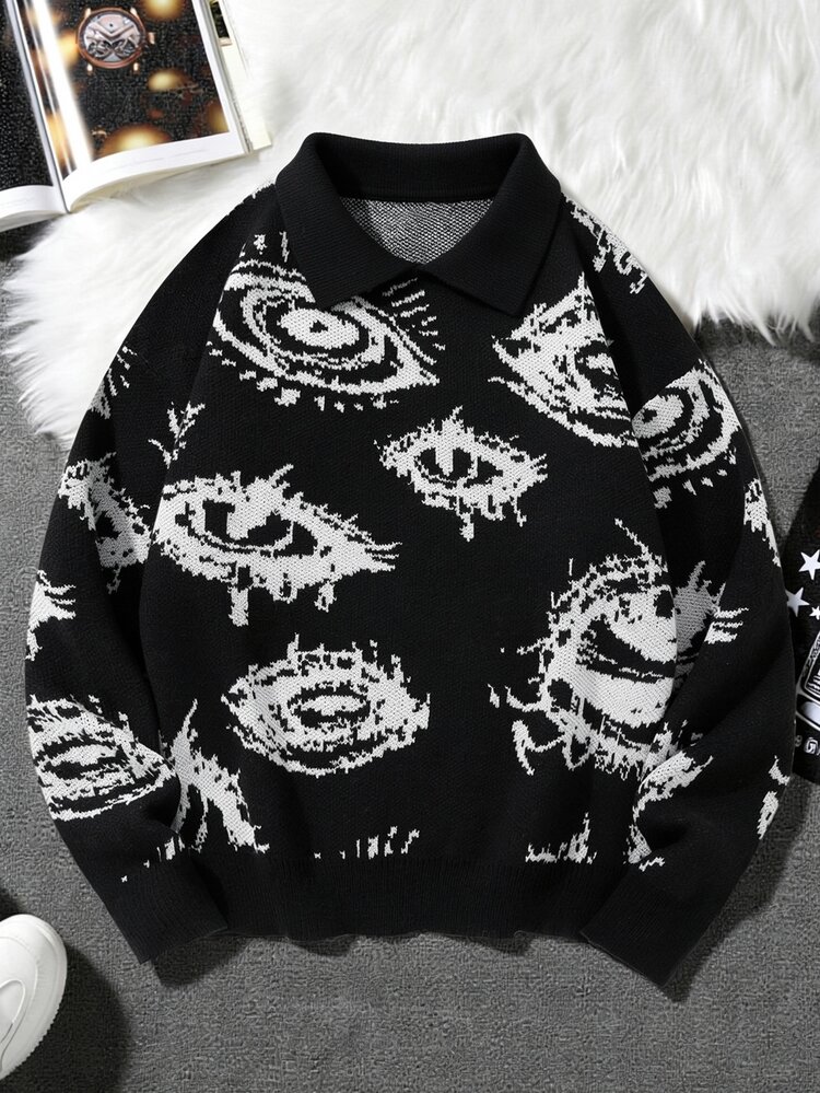 NEOSTRIT Men New Autumn/Winter Style "Eye Of The Devil" Pattern Black Sweater, Suitable For Outings, Formal Dinners, Parties And Various Occasions, Goth - Black - View 2