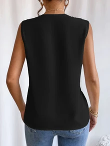 EMERY ROSE Solid V Neck Sleeveless Blouse,Sleeveless Tops - Black - View 3