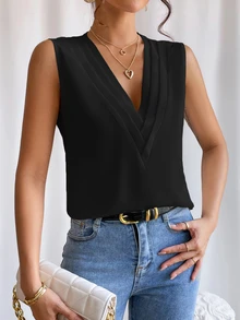 EMERY ROSE Solid V Neck Sleeveless Blouse,Sleeveless Tops - Black - View 5