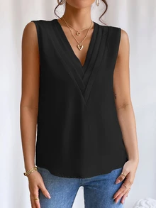 EMERY ROSE Solid V Neck Sleeveless Blouse,Sleeveless Tops - Black - View 8