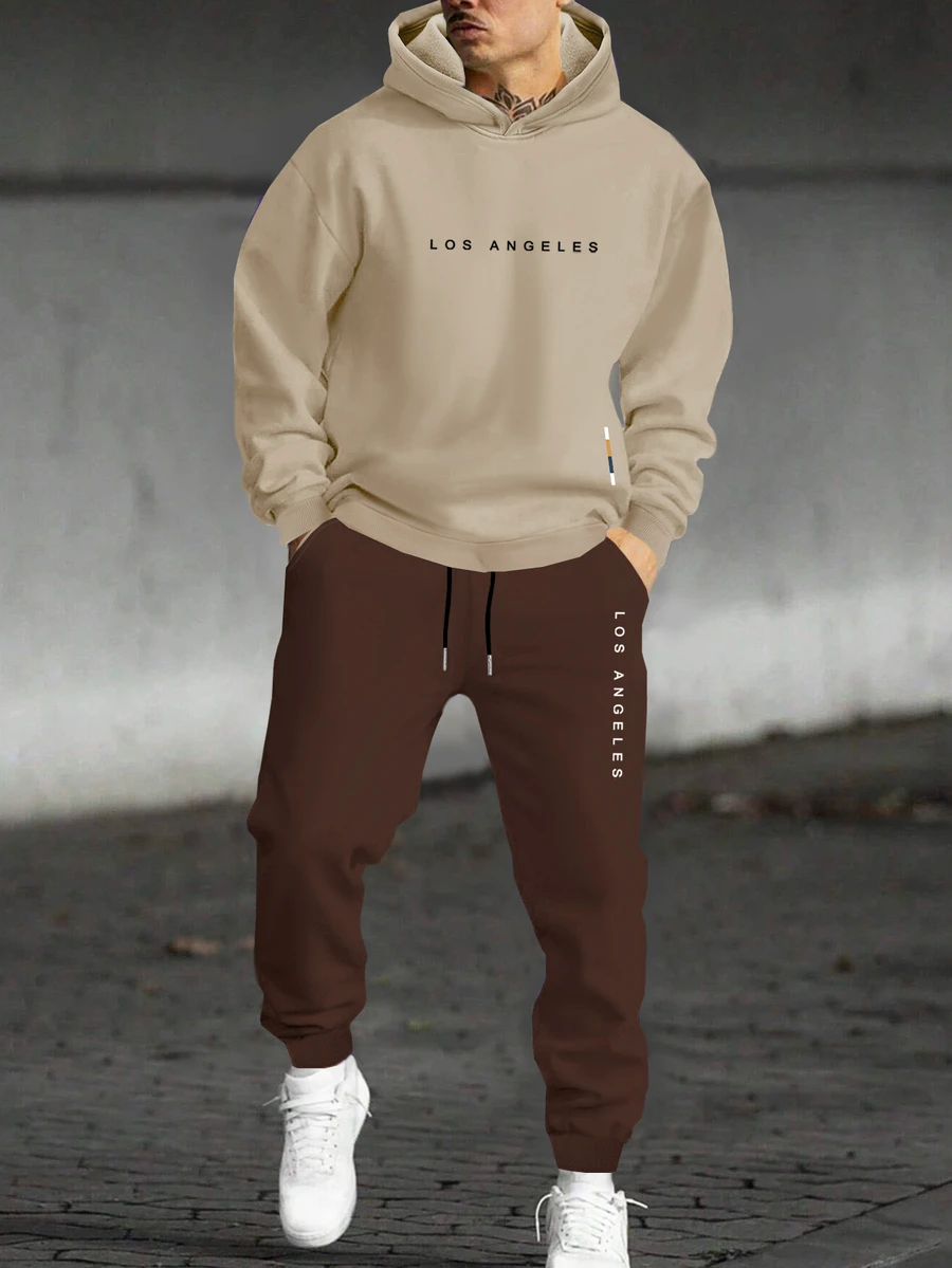 Manfinity Homme Loose Fit Men's Letter Printed Hoodie And Sweatpants Two Pieces Set, Fall Clothes - Multicolor - View 1