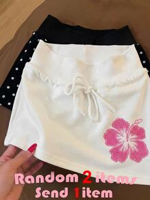SHEIN Kids Tween Girls Skirts Knitted Small Polka Dot With Built-In Leggings Casual Drawstring Skirt - Multicolor - View 4