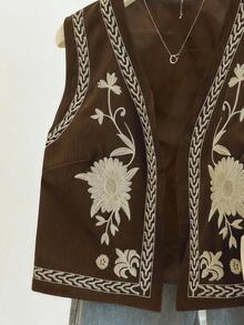 Franclia Women's Casual Floral Embroidered V-Neck Vest Jacket, Autumn - Brown - View 5