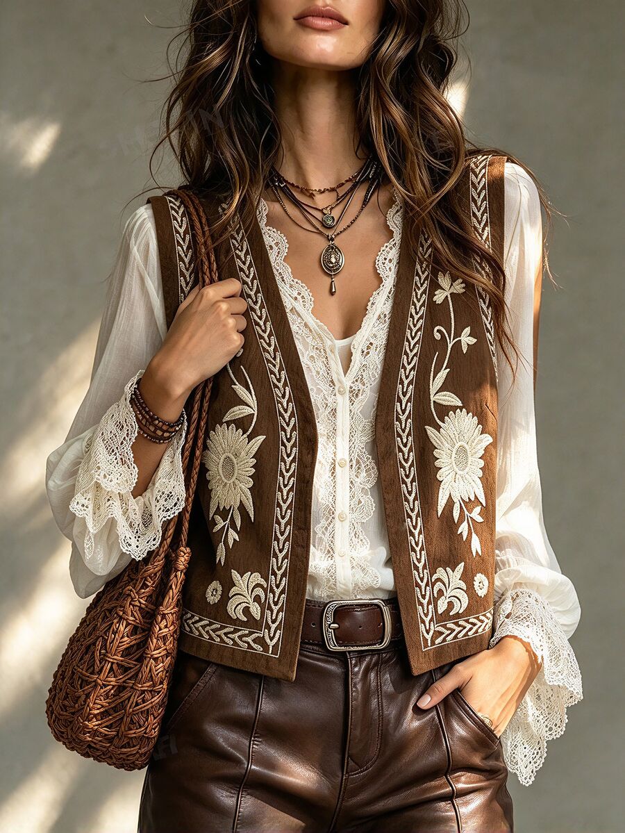 Franclia Women's Casual Floral Embroidered V-Neck Vest Jacket, Autumn - Brown - View 1