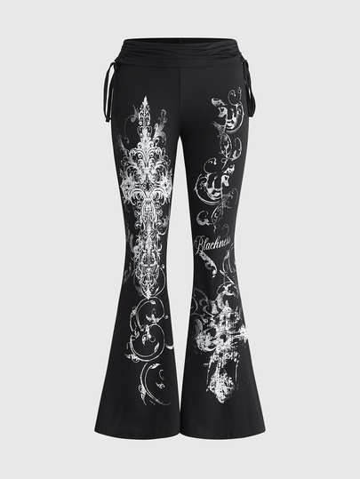 Grunge Punk Pantalon évasé noir polyvalent avec cordon de serrage pour femmes