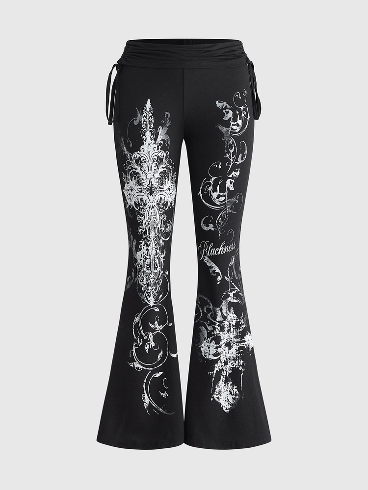 ROMWE Grunge Punk Versatile Black Drawstring Flare Leg Pants For Women - Black - View 1