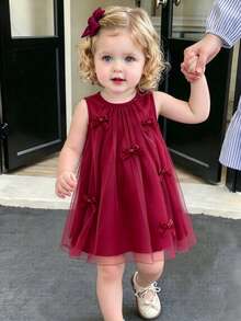 SHEIN Vintaside Kids Baby GirlSweet Dreamy Pink Mesh Dress, Adorned With Cute 3D Bow Decor, Suitable For Outings, Vacations, And Photo Shoots - Burgundy - View 4
